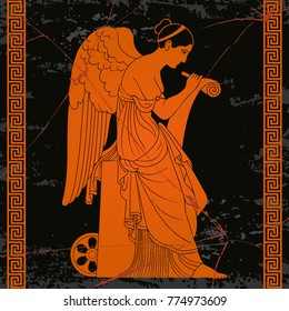 Ancient Greek goddess Nemesis with wings sits, holds a papyrus and stylus and writes. Vector vintage drawing. Drawing on the bottom of the black antique wall with a crack.