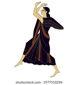 Ancient Greek goddess Nike. Dancing winged woman. Vase painting style. Isolated vector illustration.