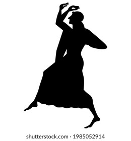 Ancient Greek goddess Nike. Dancing winged woman. Vase painting style. Black silhouette on white background.