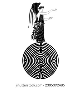 Ancient Greek goddess Nike standing on top of a round spiral maze or labyrinth symbol. Winged antique angel. Black and white silhouette.