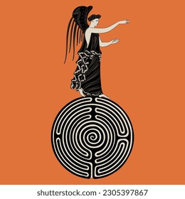 Ancient Greek goddess Nike standing on top of a round spiral maze or labyrinth symbol. Winged antique angel. On orange red background.