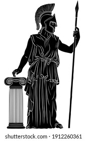 Ancient Greek goddess Pallas Athena in a helmet with a spear in her hand stands next to the column.. Vector illustration isolated on white background.