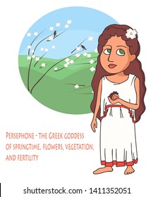 ancient Greek goddess Persephone, funny vector cartoon character