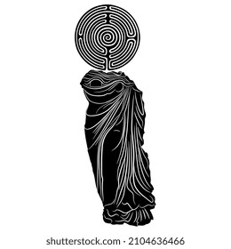 Ancient Greek goddess with round spiral maze or labyrinth symbol as her head. Creative concept. Ariadne. Mystery of Great Mother archetype. Black and white silhouette.