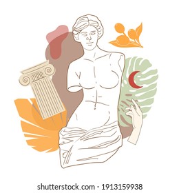 Ancient Greek goddess statue in a continuous line. Vector illustration. Modern drawing. A woman without hands