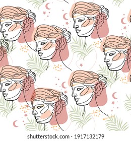 Ancient Greek goddess statue in a continuous line. Vector illustration. Modern drawing. Roman style elements seamless pattern