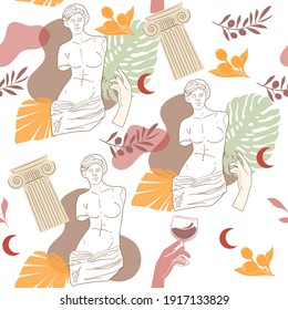 Ancient Greek goddess statue in a continuous line. Vector illustration. Modern drawing. A woman without hands seamless pattern