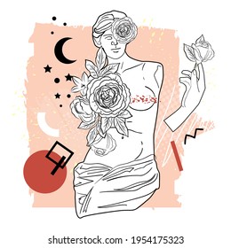 Ancient Greek goddess statue in a continuous line and flowers. Vector illustration. Modern drawing. A woman without hands