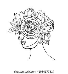 Ancient Greek goddess statue in a continuous line and flowers. Vector illustration. Roman style elements. Beauty concept