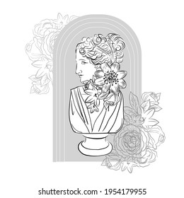 Ancient Greek goddess statue in a continuous line and flowers. Vector illustration. Modern drawing. Roman style elements on a white background