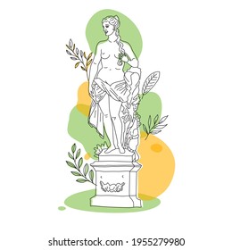 Ancient Greek goddess statue in a continuous line. Vector illustration. Modern drawing. Park in summer.OneLine style.