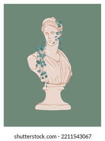 Ancient Greek goddess statue on color background. Artemis, Aphrodite, and Hera. Classical sculpture busts with plants. Vintage planter pot, hanging houseplant. Pothos, inch plant, string of hearts