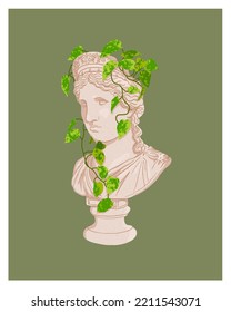 Ancient Greek goddess statue on color background. Artemis, Aphrodite, and Hera. Classical sculpture busts with plants. Vintage planter pot, hanging houseplant. Pothos, inch plant, string of hearts