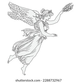 The ancient Greek goddess in a tunic with wings and a laurel wreath in her hands flies. Woman isolated on white background. Linear vector drawing.