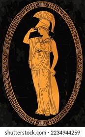 The ancient Greek goddess of wisdom Pallas Athena in a helmet and tunic stands and holds a shield in her hand.