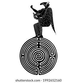 Ancient Greek goddess or woman holding bird sitting on top of a round spiral maze or labyrinth symbol. Creative concept for culture and female power. Pasiphae or Ariadne. Black and white silhouette.