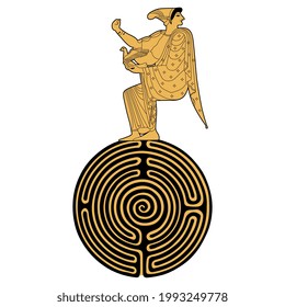 Ancient Greek goddess or woman holding bird sitting on top of a round spiral maze or labyrinth symbol. Creative concept for culture and female power. Hera, Aphrodite, Ariadne or Pasiphae.