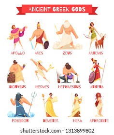 Ancient greek gods 12 strip cartoon figures set with zeus poseidon hera hermes athena isolated vector illustration