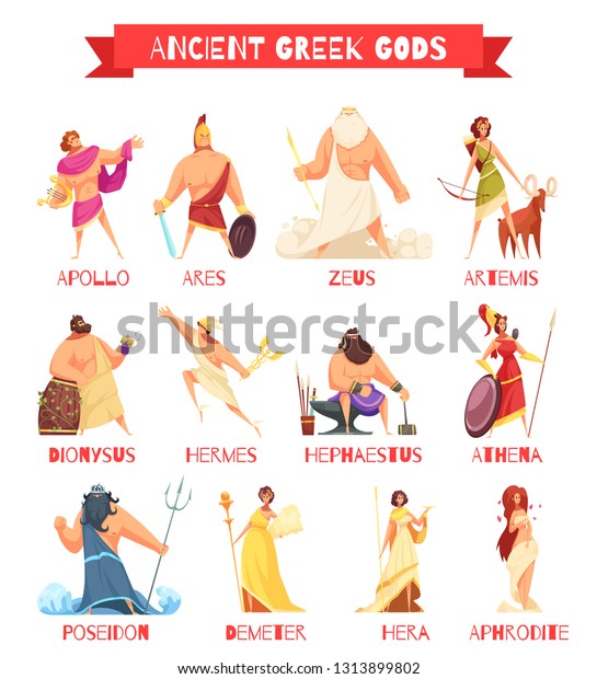 古代ギリシアの神々12のストリップの漫画の姿で ゼウス ポセイドン ヘラ ヘラ ヘラメ アテナの分離型ベクターイラストが描かれている のベクター画像素材 ロイヤリティフリー