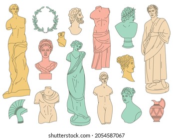 Ancient greek gods antique statues and antique sculptures. Antique gods marble heads, busts and monuments vector illustration set. Greek gods and goddesses statues. Antique and ancient sculpture