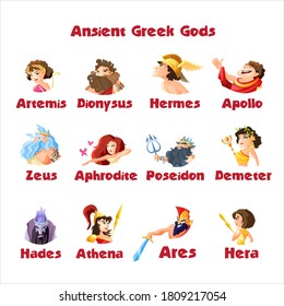 Ancient greek gods cartoon figures sets with dionysus zeus poseidon aphrodite apollo athena vector illustration