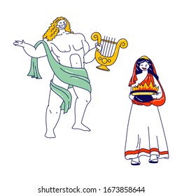 Ancient Greek Gods Characters Appolon or Phoebus Patron of Light and Arts and Hesita or Vesta Patroness of Hearth and Sacrificial Fire, Deities Characters in Olympus. Linear People Vector Illustration