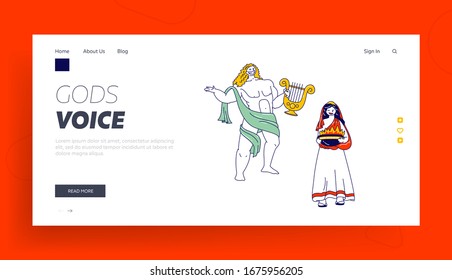 Ancient Greek Gods Characters Landing Page Template. Appolon or Phoebus Patron of Light and Arts and Hesita or Vesta Patroness of Hearth, Olympus Deities Characters. Linear People Vector Illustration