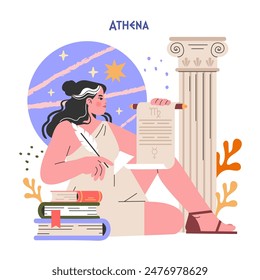 Ancient Greek Gods concept. Athena with a scroll, beside Ionic column and books under a starry sky. Mythology, education, femininity themes. Vector illustration.