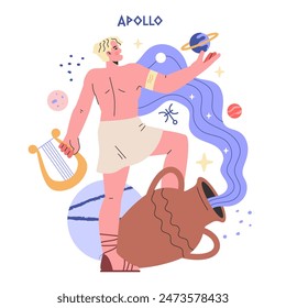 Antiguo concepto de dioses griegos. Apolo ilustrado con lira entre estrellas y planetas, simbolizando la mitología y la astronomía. Ilustración vectorial.