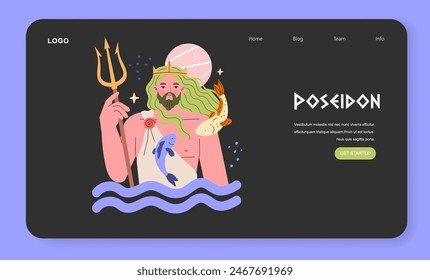 Ancient Greek Gods concept. Modern depiction of Poseidon with his trident, marine creatures, and celestial elements. Greek mythology, ocean deity. Vector illustration.