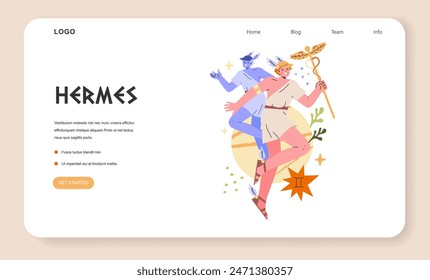 Antiguo concepto de dioses griegos. Diseño moderno del dios mensajero Hermes adorna una página de Web. La mitología se funde con la estética de la era digital. Ilustración vectorial.