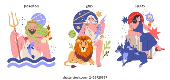 Ancient Greek Gods concept. Poseidon, Zeus, and Hades with their iconic symbols. Mythological rulers of sea, sky, and underworld. Vector illustration.