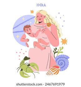 Ancient Greek Gods concept. A serene illustration of Hera with a child, surrounded by symbols of her divine power and Greek mythology. Vector illustration.