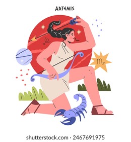 In: Ancient Greek Gods Concept. Vektorillustration von Artemis mit Bogen und Himmelssymbolen, die das Wesen der Mythologie und Astrologie einfangen.