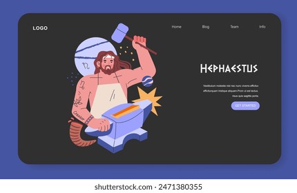 Ancient Greek Gods concept. Vector illustration of Hephaestus at his anvil, embodying mythology and craftsmanship on a website interface.