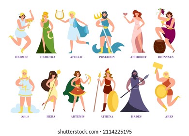 Ancient Greek gods and goddesses cartoon illustration collection. Zeus, Poseidon, Athena, Dionysus, Aphrodite, Demetra characters isolated on white background. Archeology, mythology, history concept