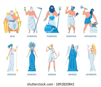 Antiguos dioses y diosas griegas. Zeus, Dionio, Artemis, Hepestus, Cronos, Atropos, Gorgón, Némesis, Afrodita, Poseidón. Ilustración vectorial para Grecia, mito, cultura, concepto de historia