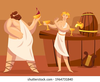 Ancient Greek gods or Greeks drinking wine together. Cartoon vector illustration. God of viticulture Dionysus granting wine to Greek character. Winemaking, ancient Greece, alcohol, culture concept