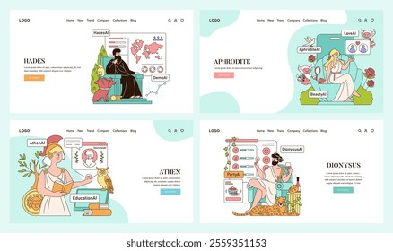 Ancient Greek gods in modern digital world set. Hades, Aphrodite, Athena, and Dionysus reimagined with technology. Seamless integration of mythology with AI. Vector illustration.