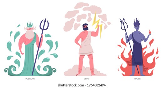 Ancient greek gods. Olympic greek main powerful gods, zeus, poseidon and hades. Greek ancient mythology gods vector illustration set. Poseidon and zeus, hades mythology, olympus gods