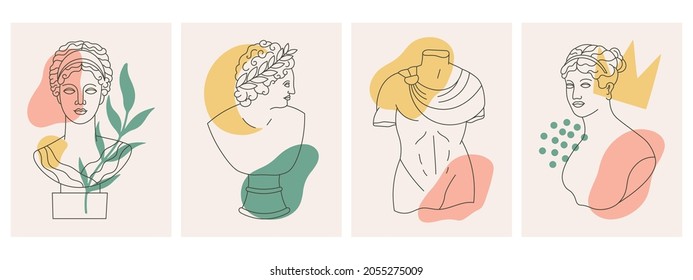 Ancient greek gods sculptures, statues abstract posters. Antique goddesses statue and sculpture posters vector illustration set. Abstract antique sculpture cards. Abstract ancient greek statue