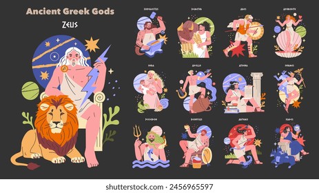 Ancient Greek Gods set. Colorful portrayals of mythological deities with symbolic attributes. Myth, legend, and culture intertwine. Vector illustration.