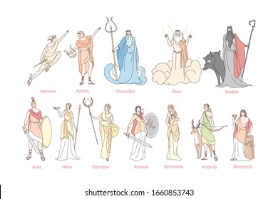 Ancient greek gods set concept. God pantheon in Greece Hermes, Apollo, Poseidon, Zeus, Hades, Ares, Hera, Demeter, Athena, Aphrodite, Artemis and Dionysus. Religious simple flat vector illustration.