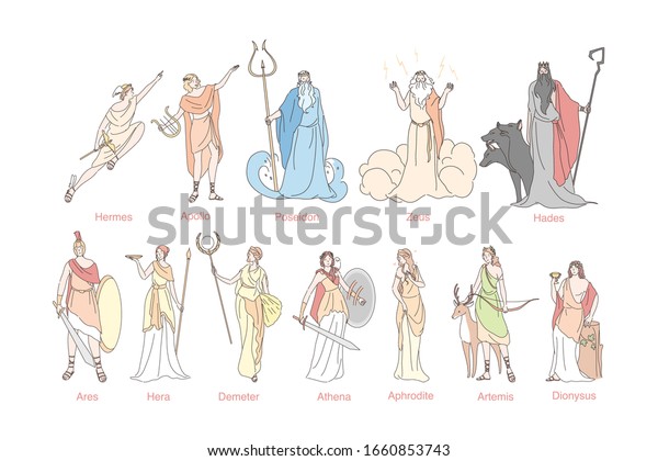 Ancient greek gods set concept. God
pantheon in Greece Hermes, Apollo, Poseidon, Zeus, Hades, Ares,
Hera, Demeter, Athena, Aphrodite, Artemis and Dionysus. Religious
simple flat vector
illustration.