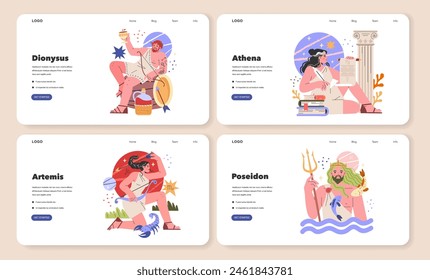 Ancient Greek Gods set. Four illustrations depicting Dionysus, Athena, Artemis, and Poseidon in modern style. Mythology meets contemporary design. Vector illustration.