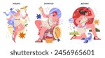 Ancient Greek Gods set. Hermes, Dionysus, and Artemis portrayed in vibrant modern illustrations. Mythological figures with symbolic attributes. Vector illustration.