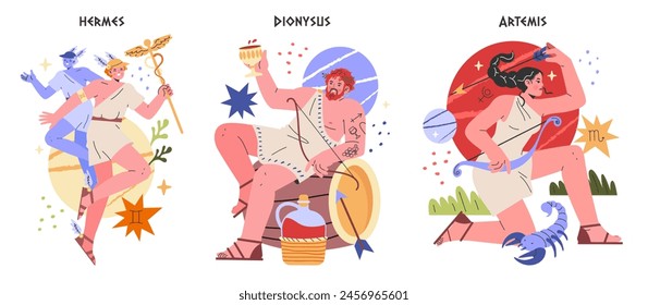 Antiguos dioses griegos. Hermes, Dionisio y Artemisa retratados en vibrantes ilustraciones modernas. Figuras mitológicas con atributos simbólicos. Ilustración vectorial.