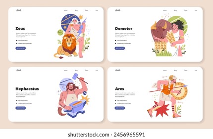 Ancient Greek Gods set. Mythological deities Zeus, Demeter, Hephaestus, and Ares in modern illustration style. Pantheon, nature, blacksmithing, and warfare. Vector illustration.