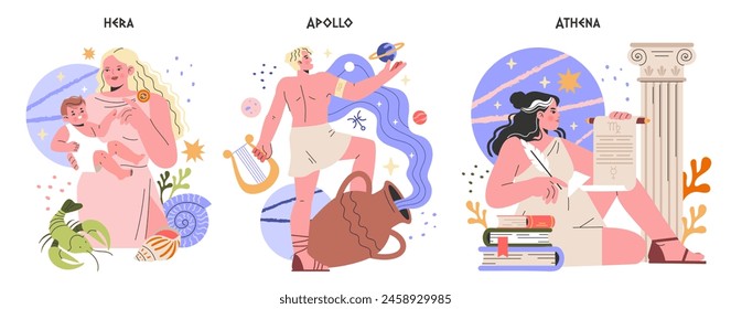 Antiguos dioses griegos. Deidades mitológicas Hera, Apolo y Atenea en una ilustración moderna. Panteón, música, sabiduría y temas de maternidad. Ilustración vectorial.