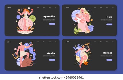 Ancient Greek Gods set. Mythological deities embodying love, marriage, music, and travel. Representations for web design. Vector illustration.